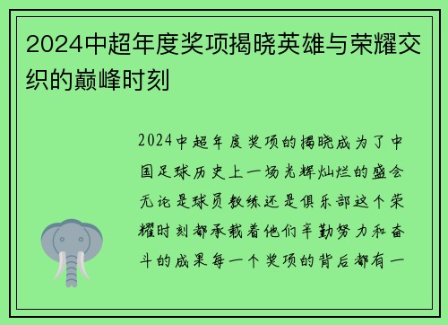2024中超年度奖项揭晓英雄与荣耀交织的巅峰时刻
